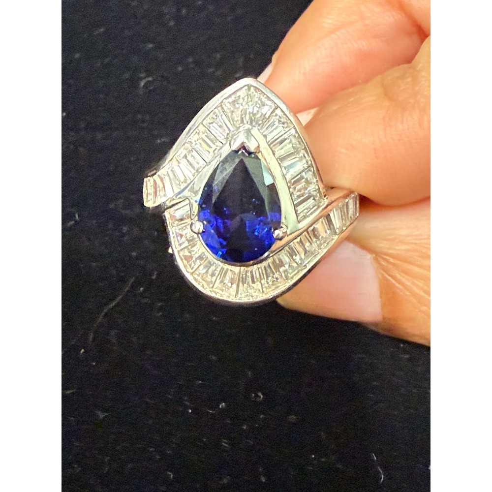 DQ CZ Sterling Silver 925 Blue Pear Sapphire Baguette Cubic Zirconia Bypass Ring